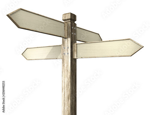 3D illustration of crossroads signpost indicating travel or indecision