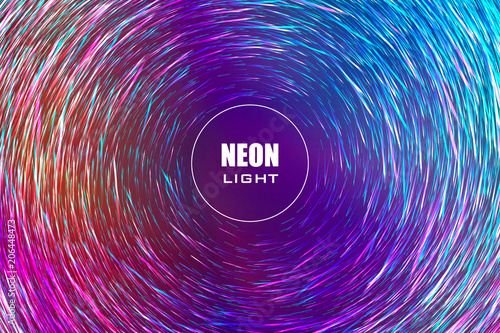 Circular neon geometric pattern. Space swirl. Roll circle. Shape whirlwind colorful lines. Abstract vortex trail.