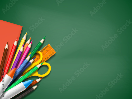 Realistic school supplies on blackboard background. Back to school template with place for text, vector illustration.