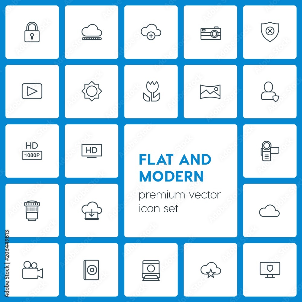 Modern Simple Set of cloud and networking, security, video, photos Vector outline Icons. Contains such Icons as add, photography, white and more on dark background. Fully Editable. Pixel Perfect Modern Simple Set of cloud and networking, security, video, photos Vector outline Icons. Contains such Icons as add, photography, white and more on dark background. Fully Editable. Pixel Perfect