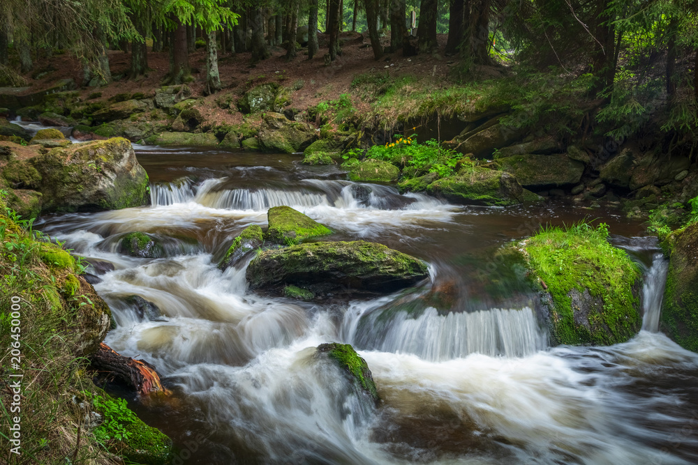 Beautiful waterfall in green Spruce forest with big rocks around, Hamersky potok in Sumava, Czech Republic