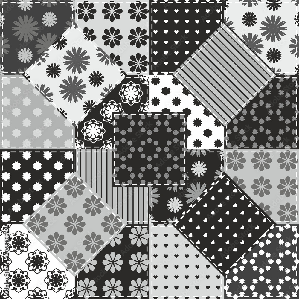 black and white patchwork background with different patterns black and white patchwork background with different patterns