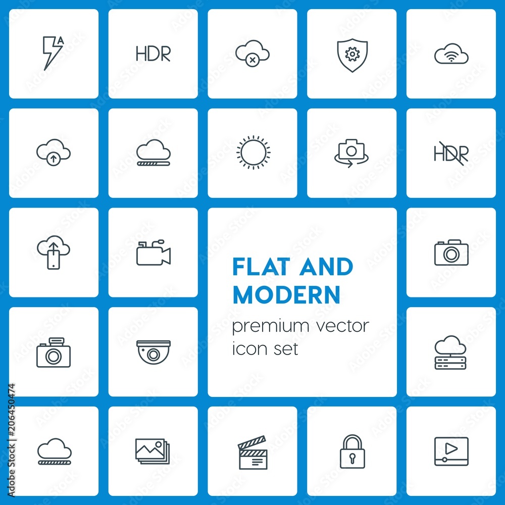 Modern Simple Set of cloud and networking, security, video, photos Vector outline Icons. Contains such Icons as web, lock, production, hdr and more on dark background. Fully Editable. Pixel Perfect Modern Simple Set of cloud and networking, security, video, photos Vector outline Icons. Contains such Icons as web, lock, production, hdr and more on dark background. Fully Editable. Pixel Perfect