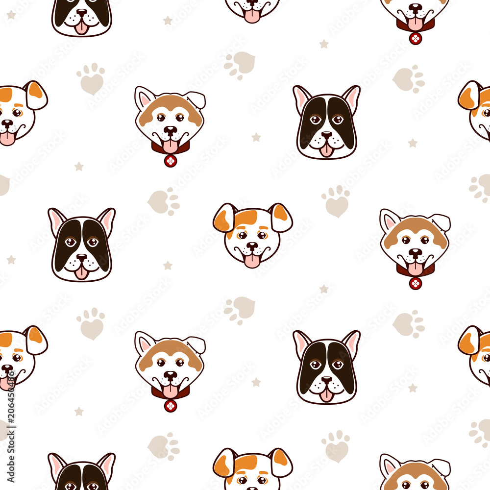 Fototapeta premium Cute dogs animal seamless vector pattern. Happy puppy print for textile, fabric and wrap paper.