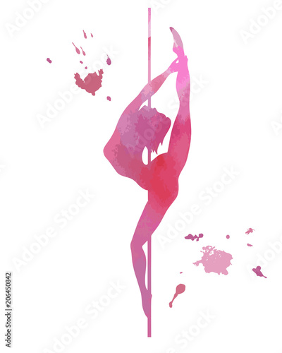 Vector silhouette pole dance with watercolor texture on a white background. Hand scketch exotic dance vector illustration. Pink isolated clipart for logotype, badge, icon, logo, banner, tag, clothes