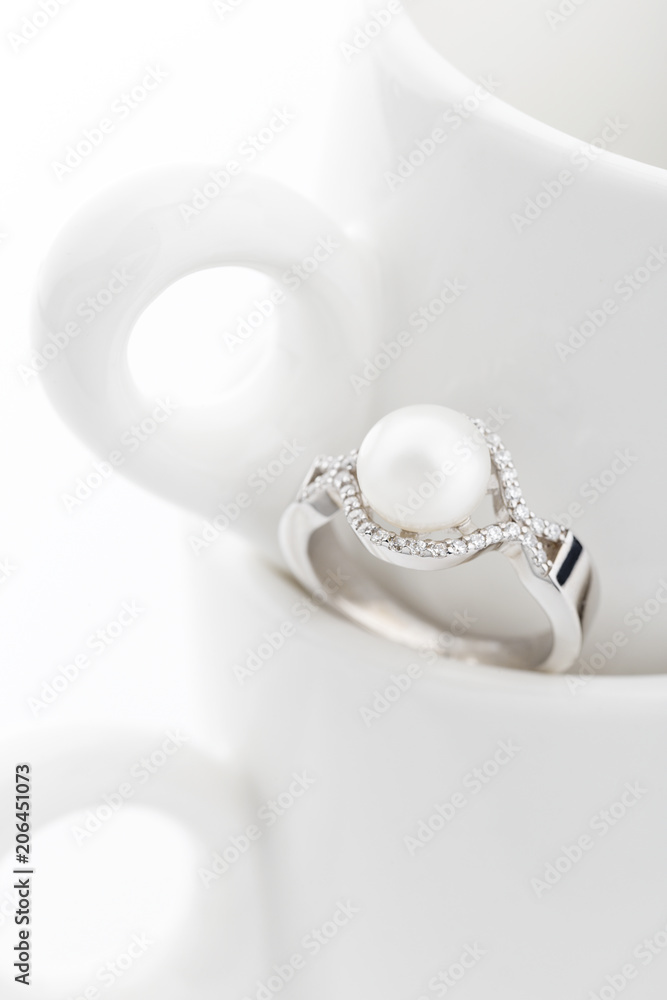 Silver ring with big pearl and diamonds Silver ring with big pearl and diamonds