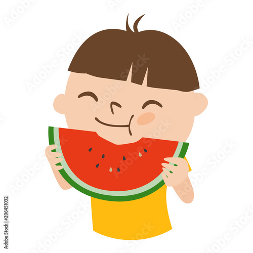 日本の夏、スイカを食べて喜んでいる男の子のイラスト