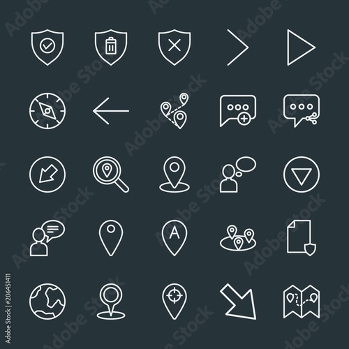 Modern Simple Set of location, arrows, chat and messenger, security Vector outline Icons. Contains such Icons as  east, earth, map,  globus and more on dark background. Fully Editable. Pixel Perfect.
