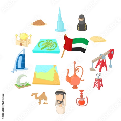 UAE icons set in cartoon style isolated on white background