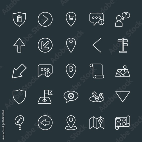 Modern Simple Set of location, arrows, chat and messenger, security Vector outline Icons. Contains such Icons as sign, error, marketing and more on dark background. Fully Editable. Pixel Perfect.