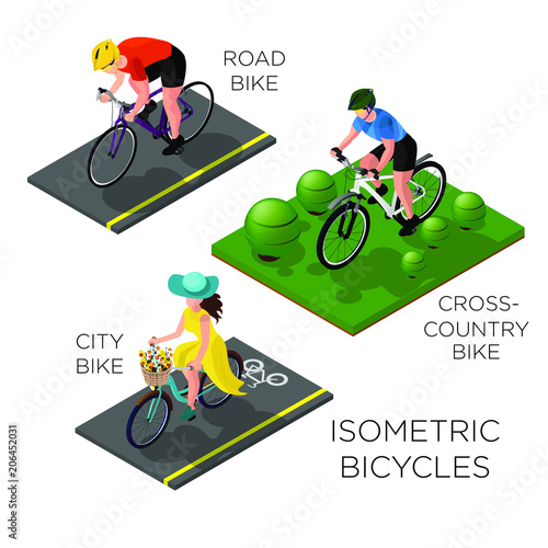 a set of cyclists of different directions: cross-country, city, road. isometric 3d