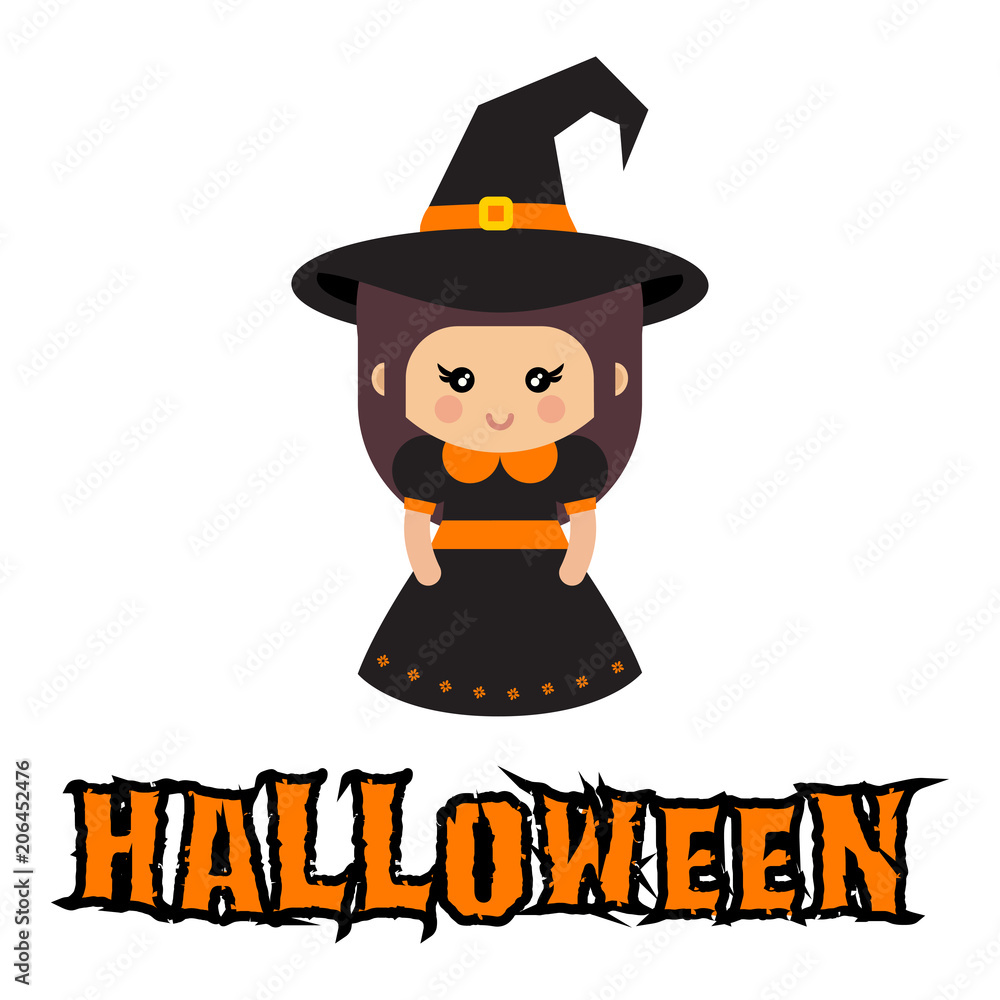 cartoon cute witch in hat with text