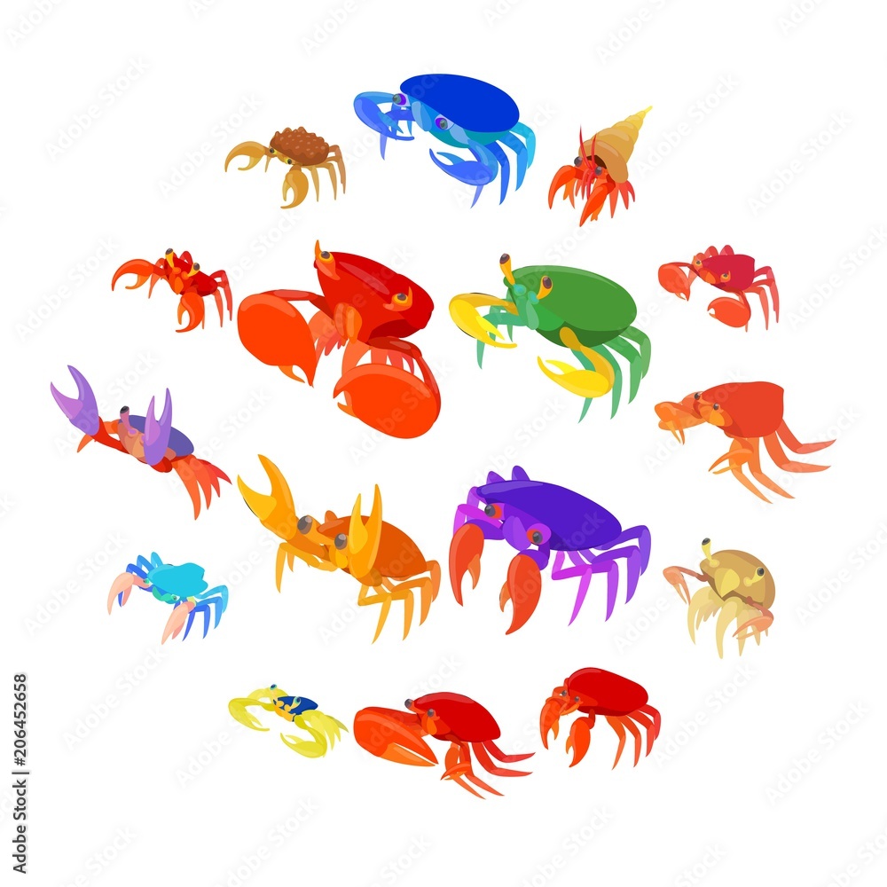 Crab icons set in cartoon style. Seafood set collection vector illustration