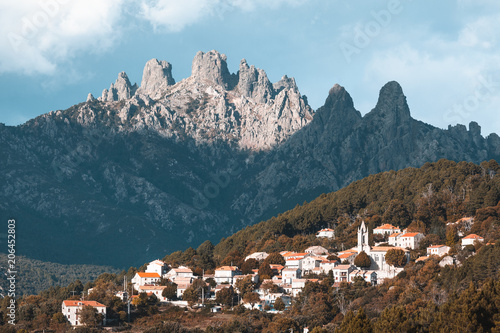 Bavella mountains and Zonza village, Corsica island, France photo