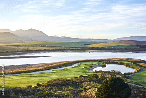 View of Botrivier Lagoon overlooking golf course arabella and mountains south-africa