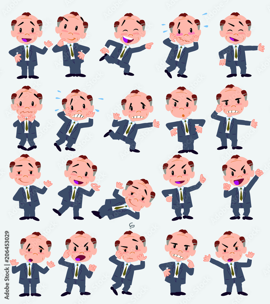 Cartoon character old businessman. Set with different postures, attitudes and poses, doing different activities in isolated vector illustrations. Cartoon character old businessman. Set with different postures, attitudes and poses, doing different activities in isolated vector illustrations.