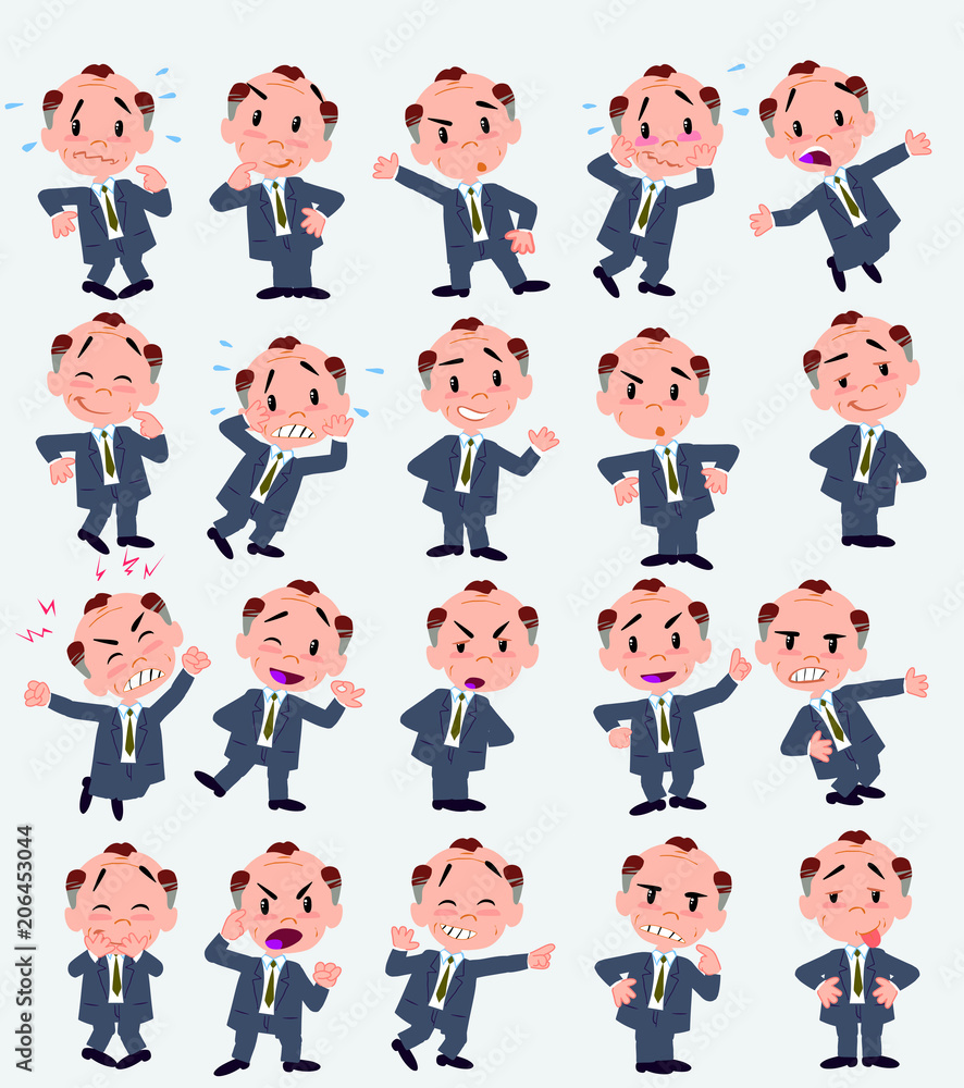 Cartoon character old businessman. Set with different postures, attitudes and poses, doing different activities in isolated vector illustrations. Cartoon character old businessman. Set with different postures, attitudes and poses, doing different activities in isolated vector illustrations.
