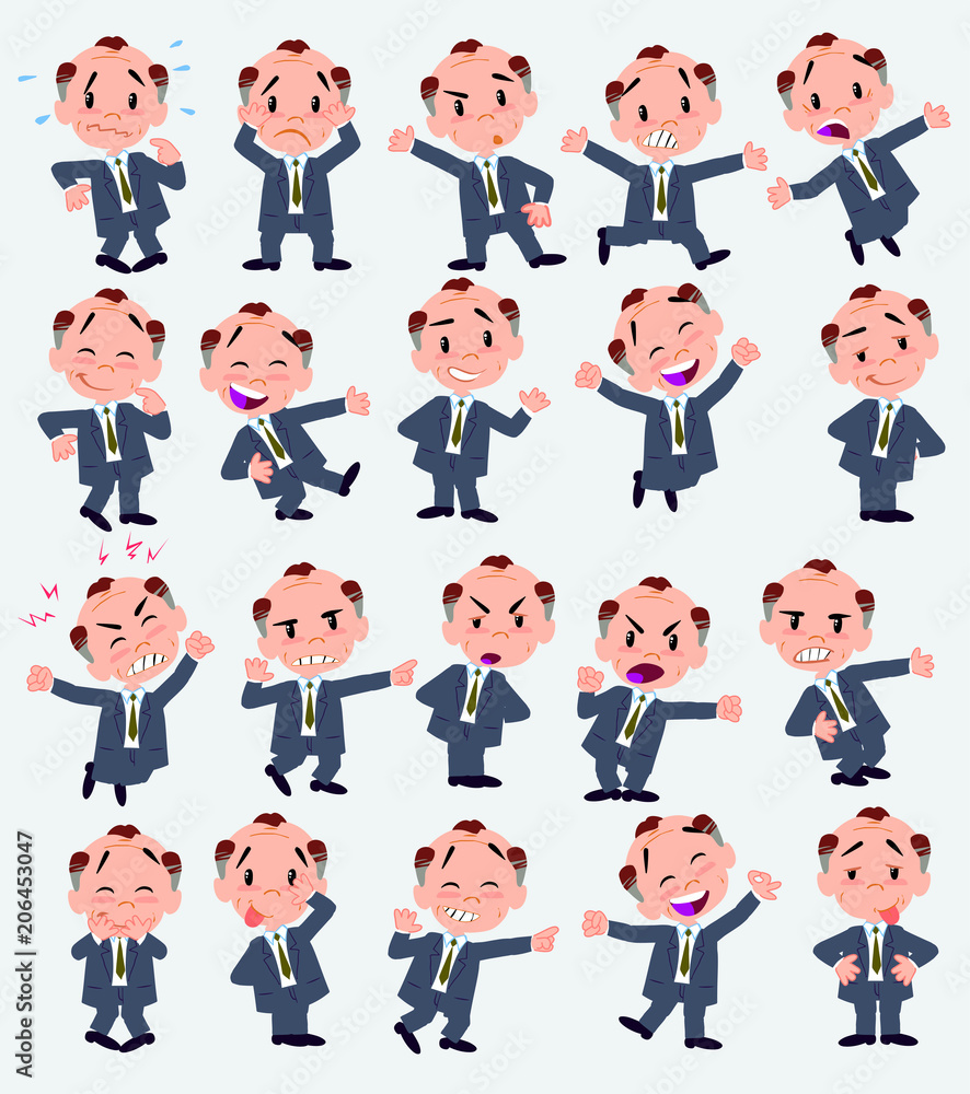 Cartoon character old businessman. Set with different postures, attitudes and poses, doing different activities in isolated vector illustrations. Cartoon character old businessman. Set with different postures, attitudes and poses, doing different activities in isolated vector illustrations.