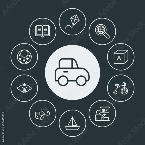 education, kids and toys Infographic Circle outline Icons Set. Contains such Icons as  toy,  clothes, fashion, book,  tutor,  automobile,  cube,  vehicle,  open and more. Fully Editable. Pixel Perfect