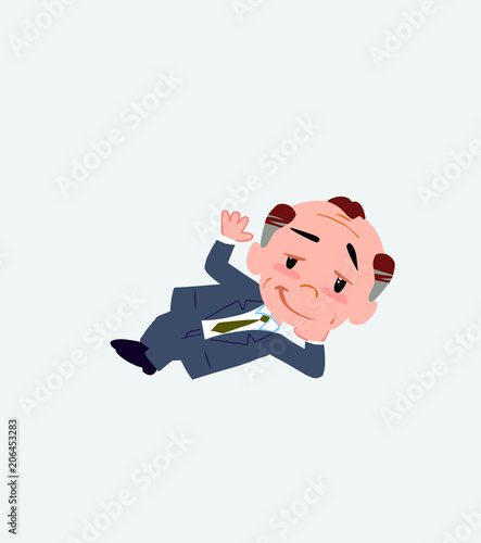 Old businessman lying, greets with a dreamy expression.