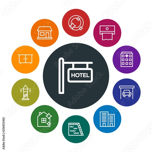 buildings, furniture, housekeeping Infographic Colorful outline Icons Set. Contains such Icons as sea, real, napkin, city, lighthouse, box, water, building and more. Fully Editable. Pixel Perfect