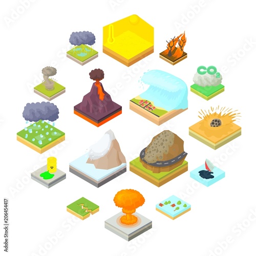Natural disaster icons set in isometric 3d style. Catastrophe and crisis set collection vector illustration