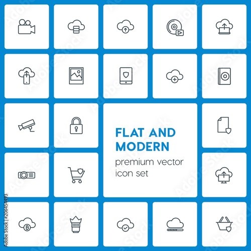 Modern Simple Set of cloud and networking, security, video, photos Vector outline Icons. Contains such Icons as  business,  cloud, dvd,  add and more on dark background. Fully Editable. Pixel Perfect
