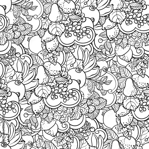 Seamless pattern with fruit ornament in coloring page book style with  abstract curls
