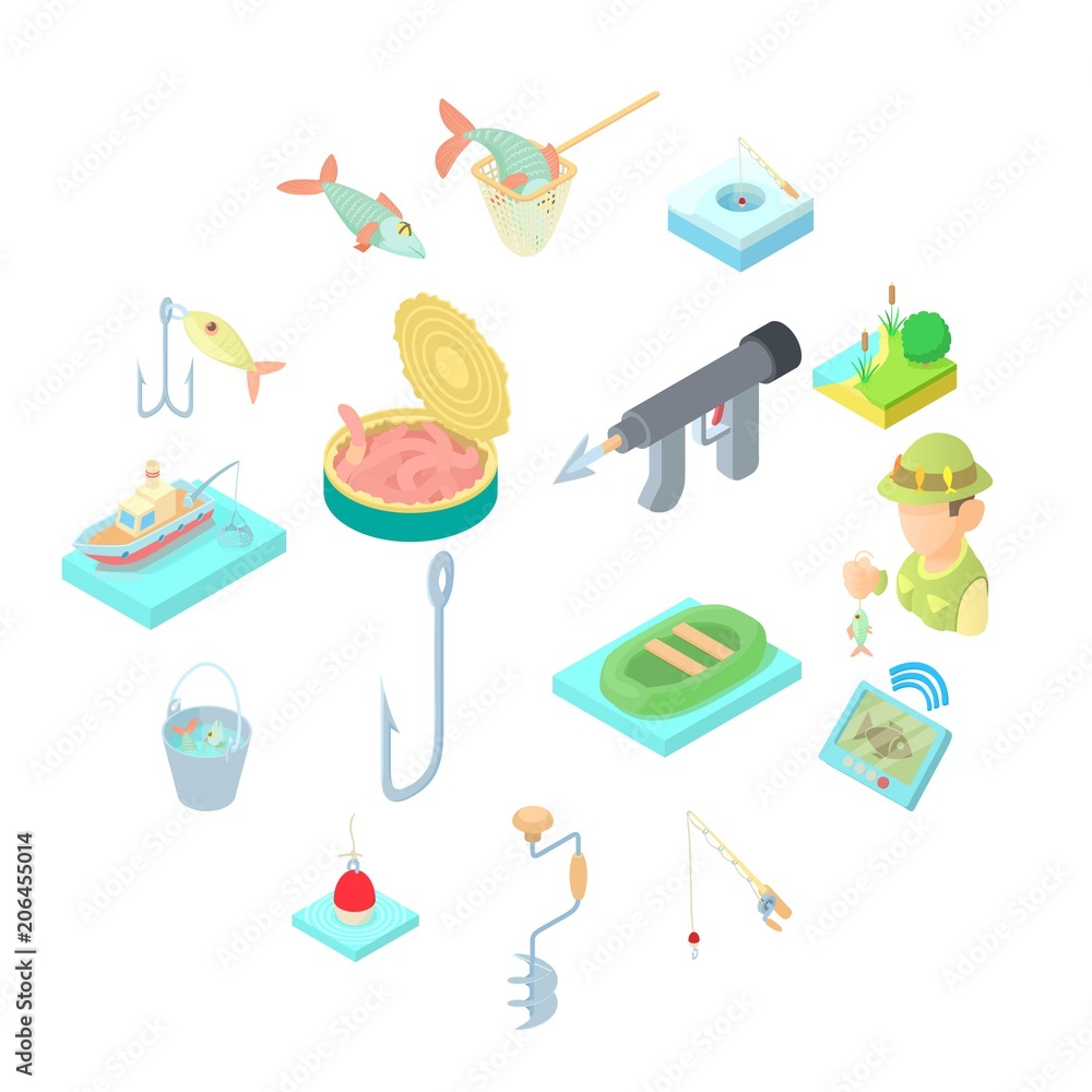 Fishing icons set in cartoon style. Fisher equipment set collection vector illustration
