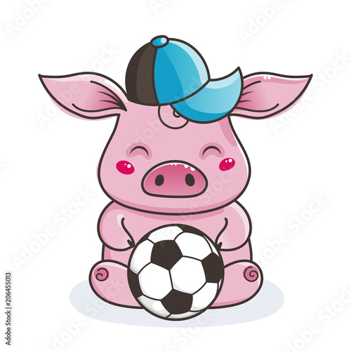 Cute cartoon pig with a soccer ball. Vector illustration.