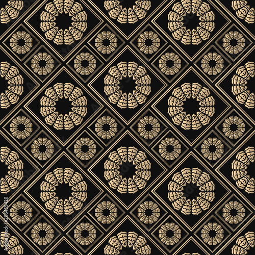 Seamless pattern oriental ornament. Black and golden textile print. Islamic vector design. Floral tiles.