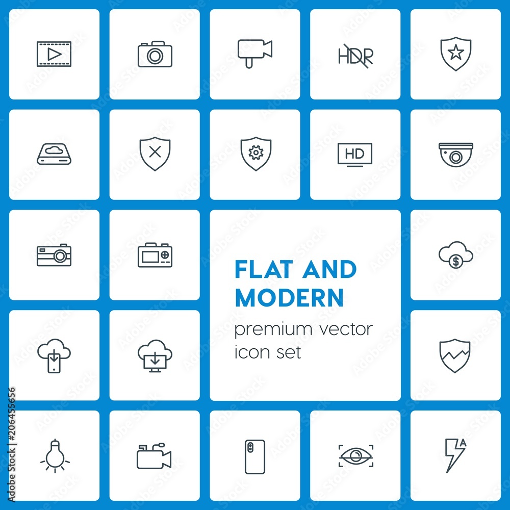 Modern Simple Set of cloud and networking, security, video, photos Vector outline Icons. Contains such Icons as  photography,  television and more on dark background. Fully Editable. Pixel Perfect