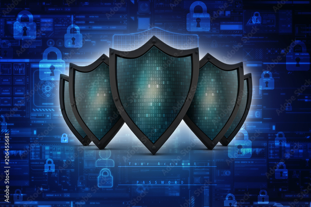 Fototapeta premium 3d illustration Security concept - shield on digital code background