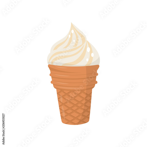 Delicious creme brulee ice-cream in waffle cup. Tasty summer dessert. Flat vector element for promo poster or flyer
