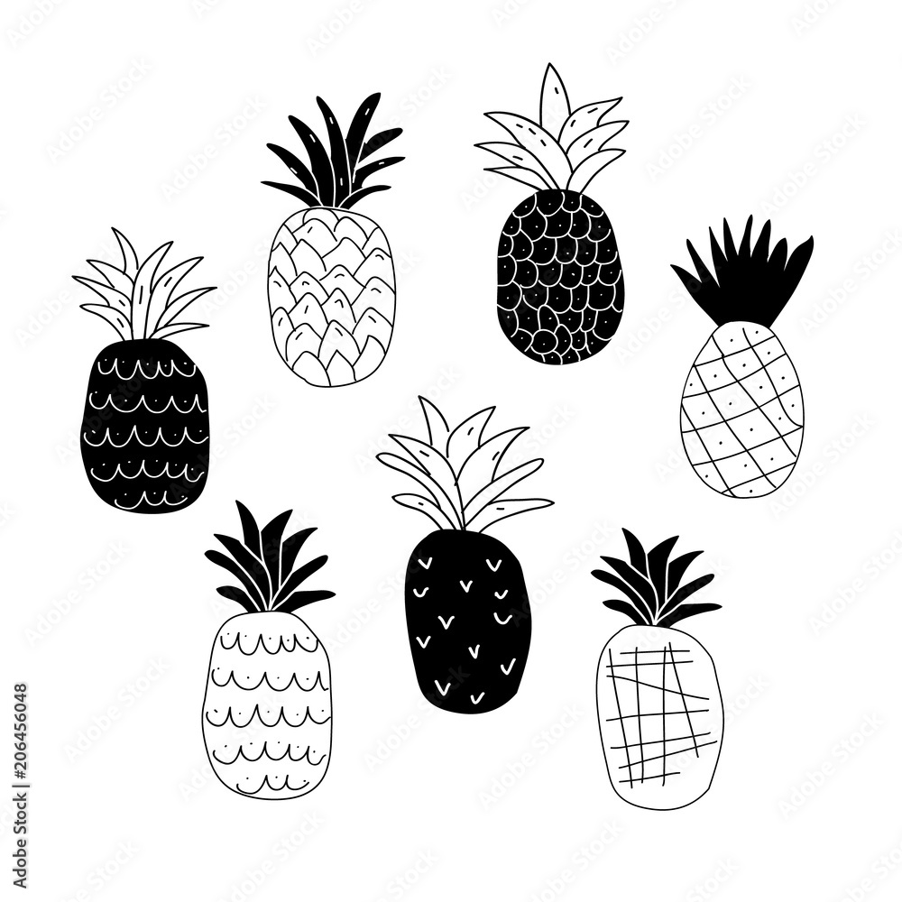 Set of black and white abstract pineapples Set of black and white abstract pineapples
