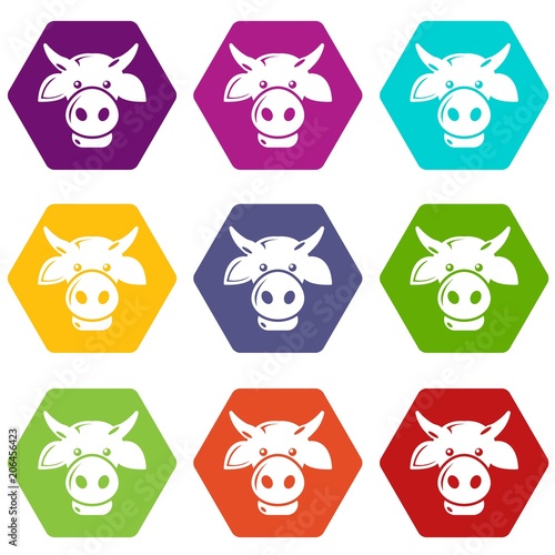 Fototapeta Naklejka Na Ścianę i Meble -  Cow head icons 9 set coloful isolated on white for web