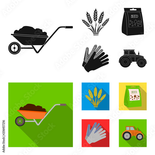 Spikelets of wheat, a packet of seeds, a tractor, gloves.Farm set collection icons in black, flat style vector symbol stock illustration web.