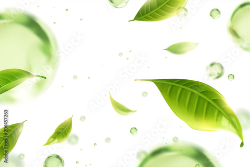 Flying green tea leaves background