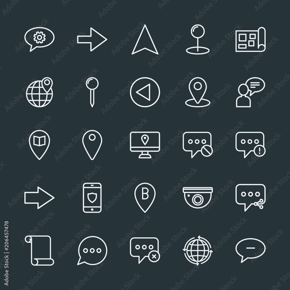 Modern Simple Set of location, arrows, chat and messenger, security Vector outline Icons. Contains such Icons as message, city, camera and more on dark background. Fully Editable. Pixel Perfect. Modern Simple Set of location, arrows, chat and messenger, security Vector outline Icons. Contains such Icons as message, city, camera and more on dark background. Fully Editable. Pixel Perfect.