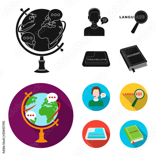 A translator in headphones, a magnifying glass showing translation, a button with an inscription, a book with a bookmark. Interpreter and translator set collection icons in black, flat style vector