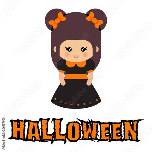 cartoon cute witch with bow and with text