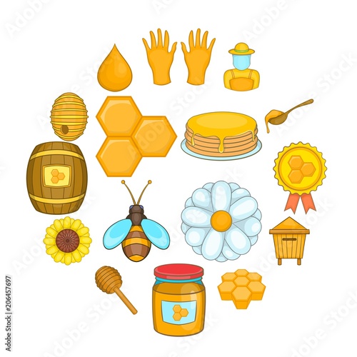 Apiary icons set in cartoon style. Honey and beekeeping set collection vector illustration