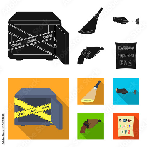 The detective flashlight illuminates the footprint, the criminal hand with the master key, a pistol in the holster, the kidnapper claim. Crime and detective set collection icons in black, flat style
