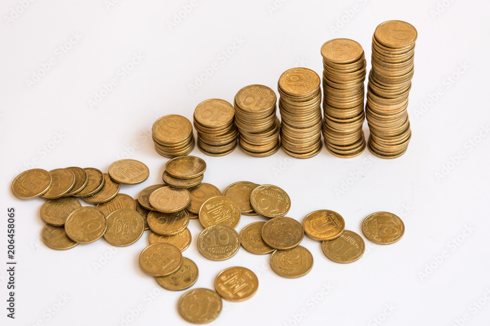 Stack of coins on white background. Concept of increase . Stack of coins on white background. Concept of increase .