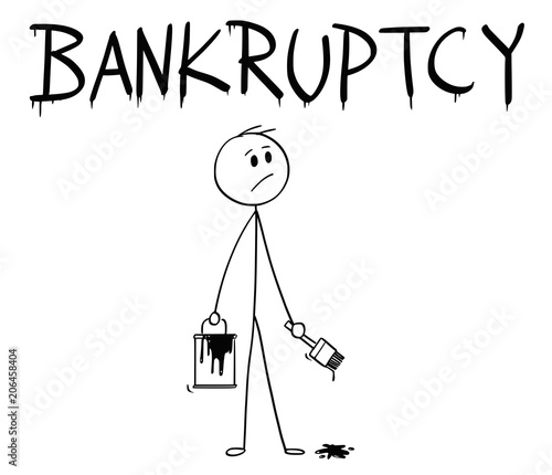 Cartoon stick man drawing conceptual illustration of businessman with brush and paint can painting or drawing the word bankruptcy.