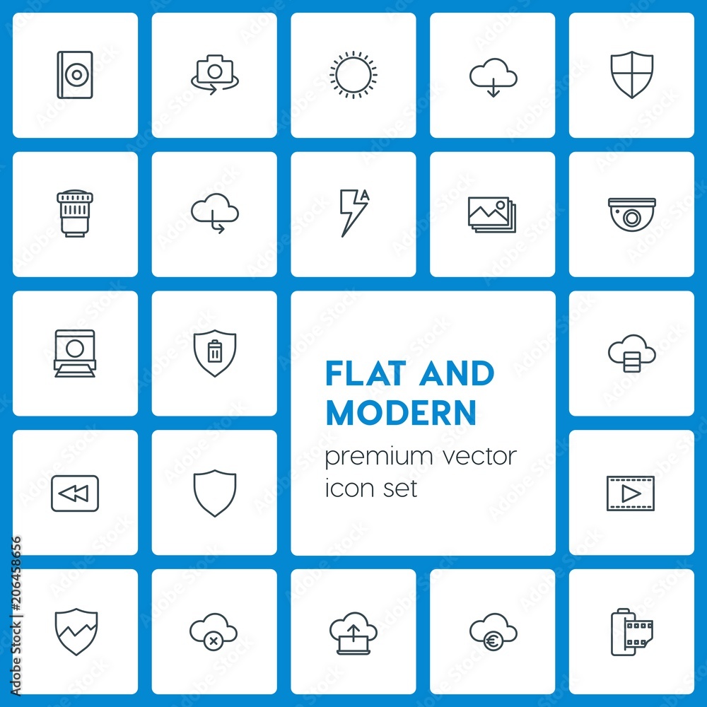 Modern Simple Set of cloud and networking, security, video, photos Vector outline Icons. Contains such Icons as security, dvd, shield, sunny and more on dark background. Fully Editable. Pixel Perfect Modern Simple Set of cloud and networking, security, video, photos Vector outline Icons. Contains such Icons as security, dvd, shield, sunny and more on dark background. Fully Editable. Pixel Perfect