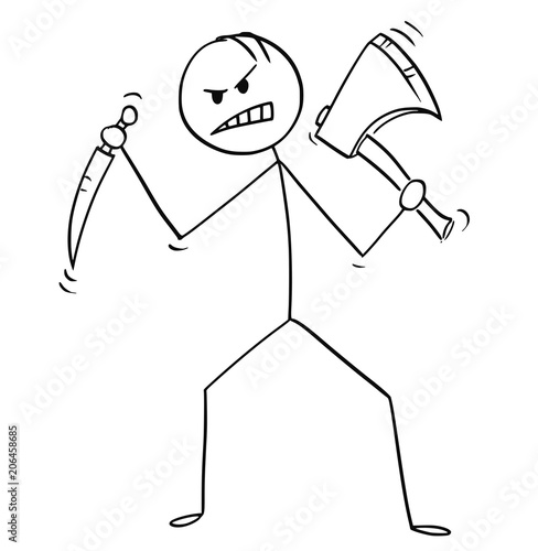 Cartoon stick man drawing illustration of mad killer or murderer with axe or ax and knife.