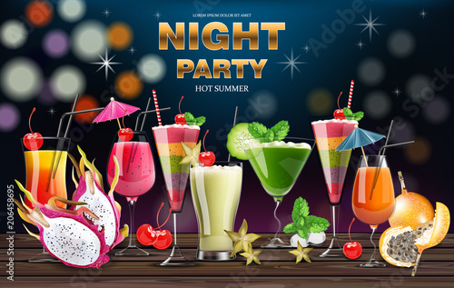 Cocktail drinks Vector realistic banner. Night party template with summer dri...