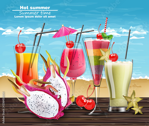 Summer Cocktail drinks Vector realistic banner. Beach hot template with exoti...