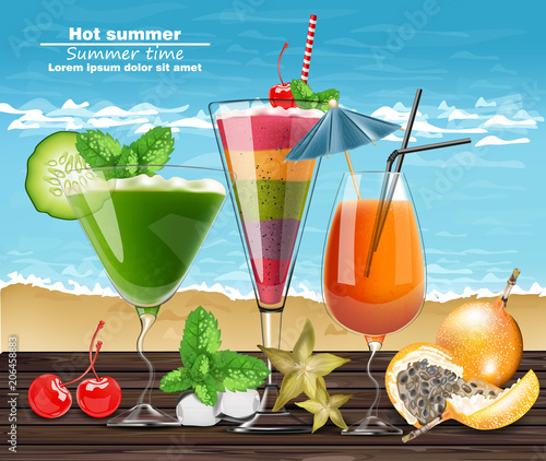 Summer Cocktail drinks Vector realistic banner. Beach hot template with exoti...